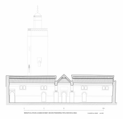 Sección transversal por la nave paralela al muro de la qibla de la mezquita de la Qasba de Rabat