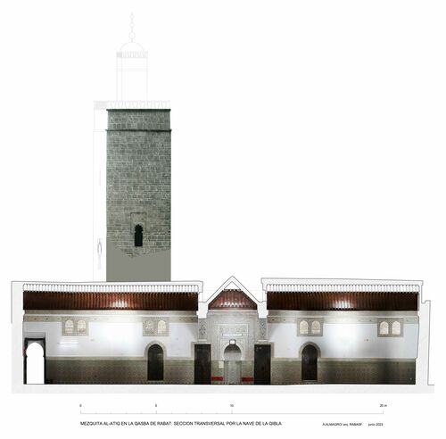 Sección transversal por la nave paralela al muro de la qibla de la mezquita de la Qasba de Rabat con ortoimágenes