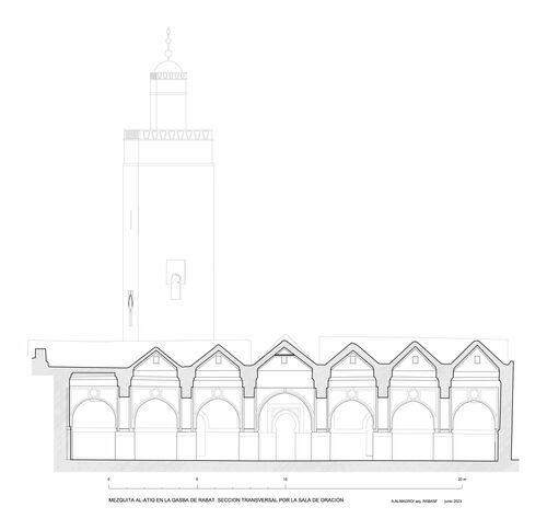 Sección transversal por la sala de oración de la mezquita de la Qasba de Rabat