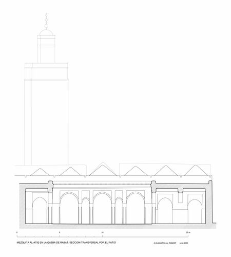 Sección transversal por el patio de la mezquita de la Qasba de Rabat