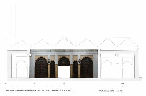 Sección transversal por el patio de la mezquita de la Qasba de Rabat con ortoimagen