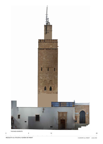Alzado exterior de la puerta principal y el alminar de la mezquita de la Qasba de Rabat