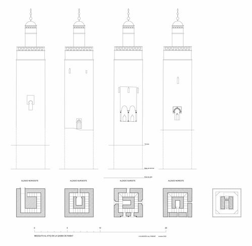 Alzados y plantas del alminar de la mezquita de la Qasba de Rabat