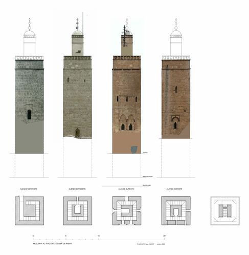 Alzados y plantas del alminar de la mezquita de la Qasba de Rabat con ortoimágenes