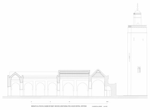 Sección longitudinal hipotética por la nave axial de la mezquita de la Qasba de Rabat