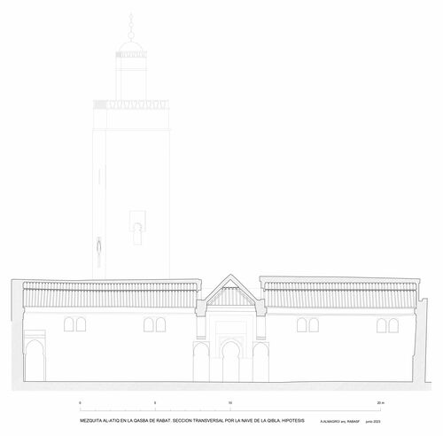 Sección transversal hipotética por la nave inmediata al muro de la qibla de la mezquita de la Qasba de Rabat