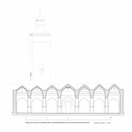 Sección transversal hipotética por la sala de oración de la mezquita de la Qasba de Rabat