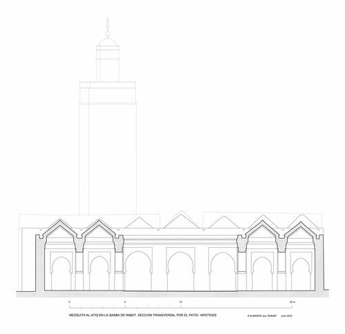 Sección transversal hipotética por por el patio de la mezquita de la Qasba de Rabat