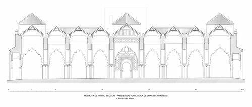 Sección transversal hipotética de la mezquita de Tinmal por la sala de oración