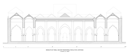 Sección transversal hipotética de la mezquita de Tinmal por el patio