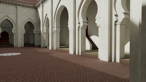 Modelo virtual de la hipótesis del patio de la mezquita de Tinmal visto desde el sureste