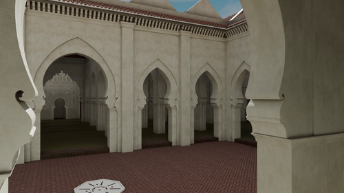 Modelo virtual de la hipótesis del patio de la mezquita de Tinmal visto desde el norte