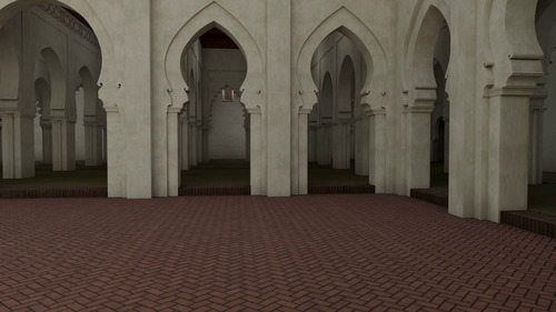Modelo virtual de la hipótesis del patio y la sala de oración de la mezquita de Tinmal visto desde el norte