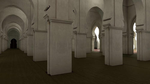 Modelo virtual de la sala de oración de la mezquita de Tinmal visto desde el sureste
