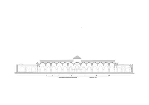 Sección transversal de la la sala de oración de la mezquita de Salé junto a la arquería transversal