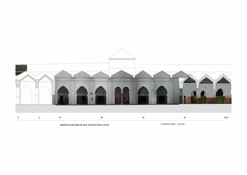 Sección transversal con ortoimágenes de la mezquita de Salé por el patio principal mostrando la fachada de la sala de oración