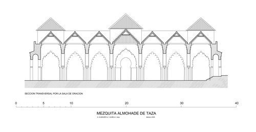 Sección transversal hipotética de la mezquita almohade de Taza por la sala de oración (hipótesis de 7 naves)