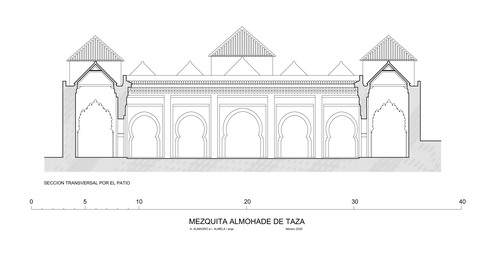 Sección transversal hipotética de la mezquita almohade de Taza por el patio (hipótesis de 7 naves)