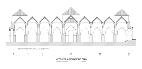 Sección transversal hipotética de la mezquita almohade de Taza por la sala de oración (hipótesis de 9 naves)