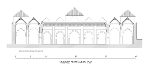 Sección transversal hipotética de la mezquita almohade de Taza por el patio (hipótesis de 9 naves)