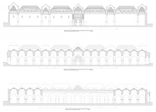 Secciones transversales de la mezquita actual mirando hacia el sur