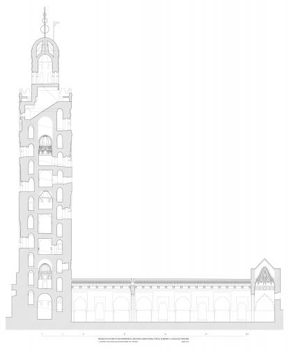 Sección longitudinal por la nave más oriental de la sala de oración y por el alminar