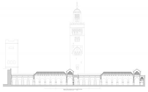 Sección hipótetica de la mezquita original con las dos fases y los dos alminares