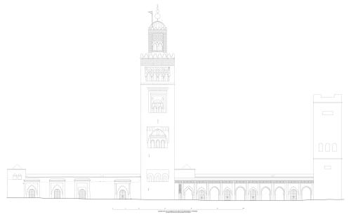 Alzado este  hipótetico de la mezquita original con las dos fases y los dos alminares