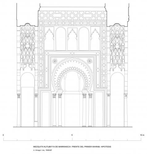 Alzado hipotético del mihrab de la primera fase de la mezquita