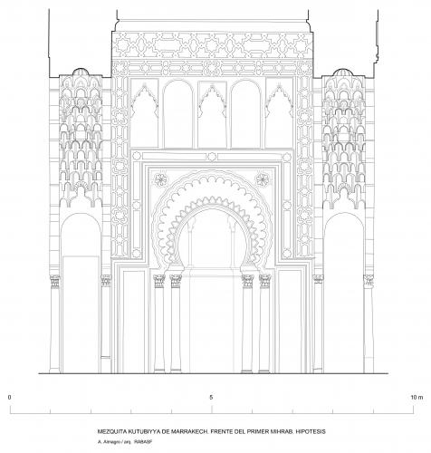 Alzado hipotético del mihrab de la primera fase de la mezquita
