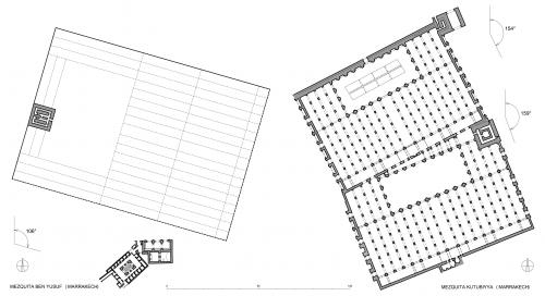 Comparación de los tamaños y las orientaciones de las mezquitas de Ben Yusuf y Kutubiyya de Marrakech