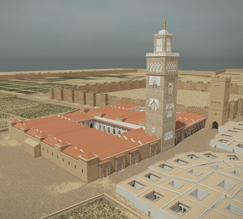 Vista aérea virtual de la mezquita Kutubiyya de Marrakech en el siglo XII
