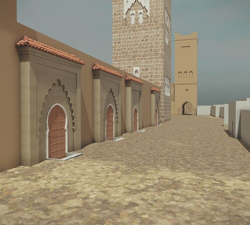 Vista virtual de la fachada oriental de la mezquita Kutubiyya de Marrakech en el siglo XII