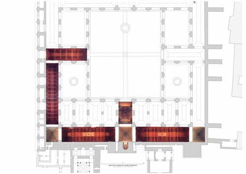 Planta de la mezquita de la qasba de Marrakech con ortoimágenes de los techos