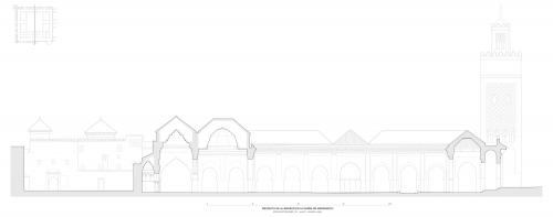 Sección longitudinal de la mezquita de la qasba de Marrakech por su eje norte-sur