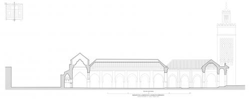 Sección longitudinal hipotética de la mezquita almohade de la qasba de Marrakech 