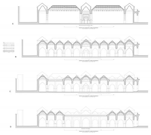 Secciones transversales hipotéticas de la mezquita almohade de la qasba de Marrakech   