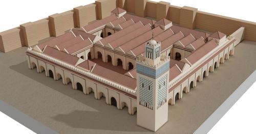 Reconstrucción virtual de la mezquita almohade de la Qasba de Marrakech vista desde el noroeste