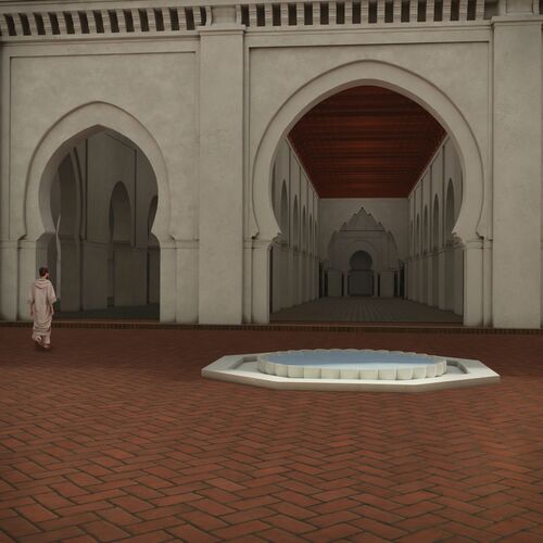 Vista virtual, desde el patio, de la sala de oración de la primitiva mezquita almohade de la Qasba de Marrakech