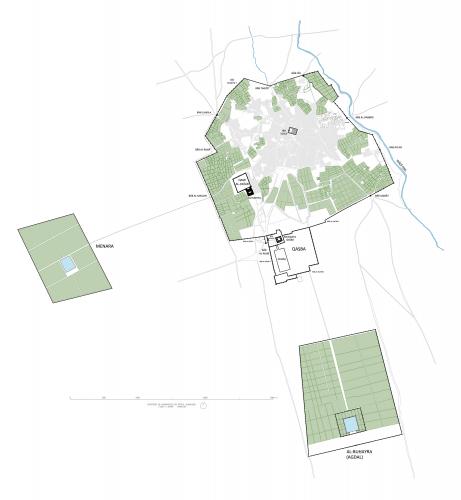 Plano de la medina de Marrakech con las grandes almunias de su entorno