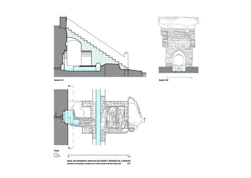 Planta y secciones de la escalera del lado norte del albercón de Dār al-Hanāʾ en el Agdal de Marrakech