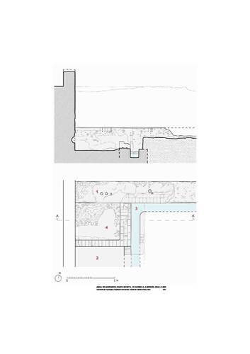 Planta y sección del ángulo sur de la rampa oriental de acceso al albercón de Dār al-Hanāʾ en el Agdal de Marrakech