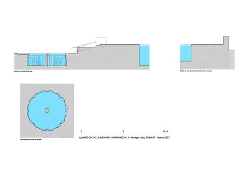 Planta y sección de la fuente oriental y sección del muro del albercón de la Menara de Marrakech