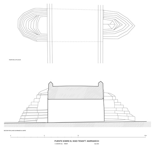 Sección por el arco 26 y planta de la pila 25-26 del puente sobre el wadi Tensift cerca de Marrakech