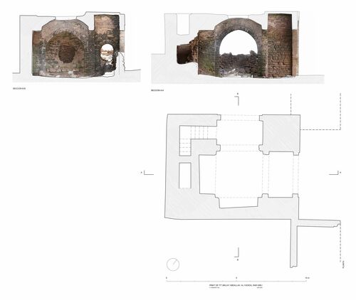 Planta y secciones de la Bab al-Qabli del recinto del ribat de Tit con ortoimágenes