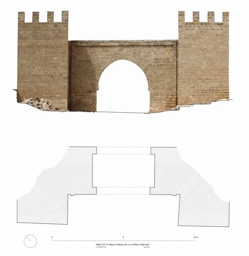 Planta y alzado de la Bab Asfi del recinto del ribat de Tit