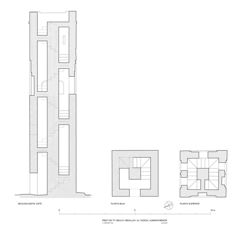 Plantas y sección del alminar menor del ribat de Tit