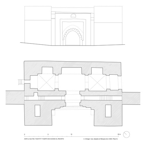 Planta y alzado de la puerta principal del recinto de Dar al-Sultán