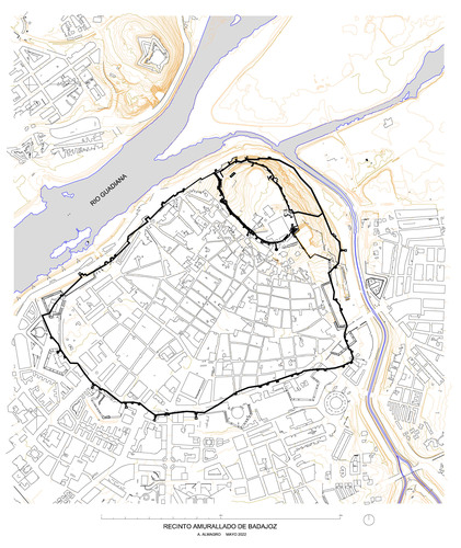 Planta de general  del recinto amurallado de Badajoz con la desaparecida cerca medieval de la medina