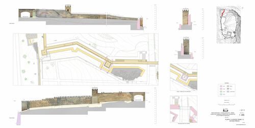 Sector entre puerta de Carros y puerta del Alpéndiz. Planta y alzados tramo 1-2. Estado arqueológico